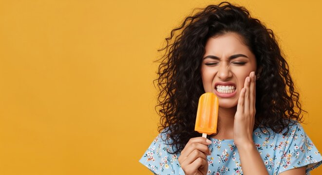 young indian woman experiencing tooth sensitivity pain while holding a cold popsicle