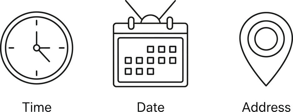Icons representing time date and address