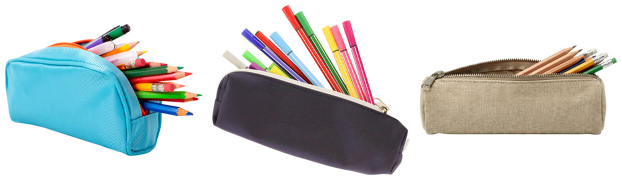 Assorted colorful pens, pencils, and markers spilling from various fabric pencil cases.