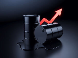 Oil Barrels Drum and arrow up - Concept of rising oil prices. 3d illustration