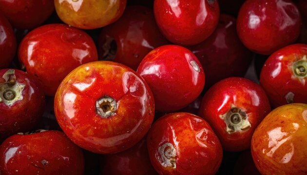 Pile of Shiny Reddish-Orange Brush Cherries - Close-Up of Lilli Pilli Fruit with Glistening Skins Freshly Harvested