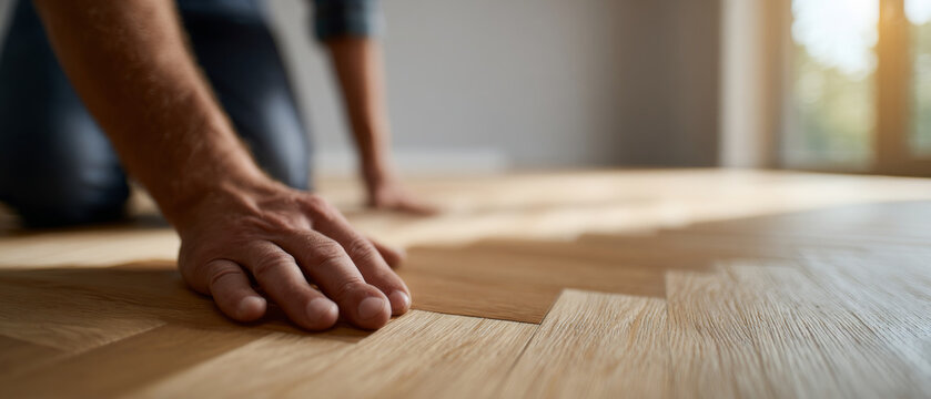 Hand inspecting wooden parquet flooring indoors