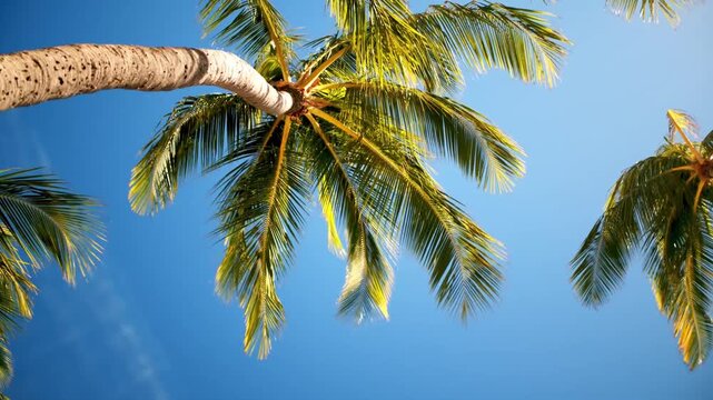 Worm's Eye View of Palm Trees against Blue Sky, Low Angle Shot of Tropical Coconut Palms, Sunny Summer Day, Vacation Travel Background