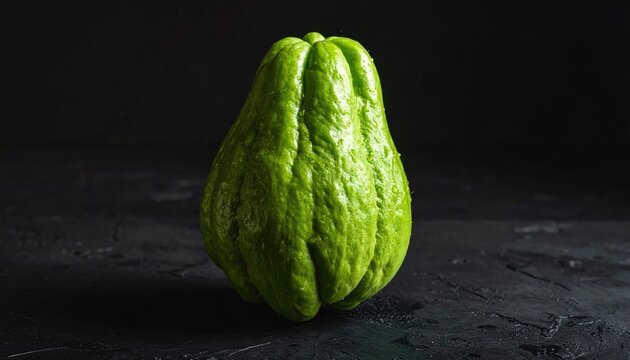 Single green chayote squash on a dark textured background, close-up studio shot.