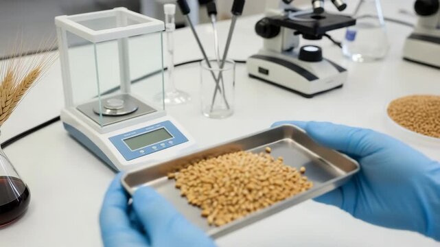 Hands hold a tray of grains while using tools for accurate measurement in a laboratory setting during testing