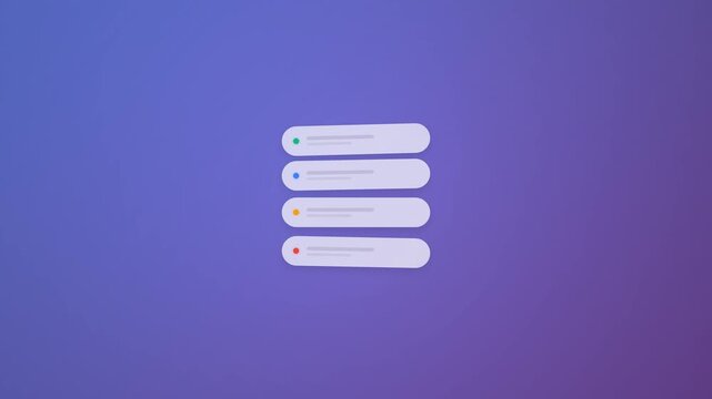 tyle Glassmorphism Floating Notifications Animation, 4K Vertical Stack of Four Pill-Shaped Cards with Blur Effect and Staggered Motion