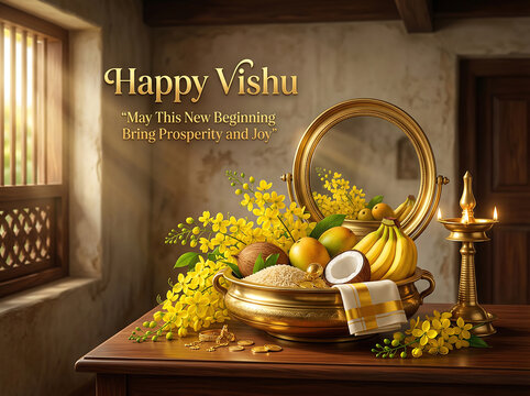 Traditional indian vishu celebration with gold bowl fruits flowers and diya lamp on wooden table