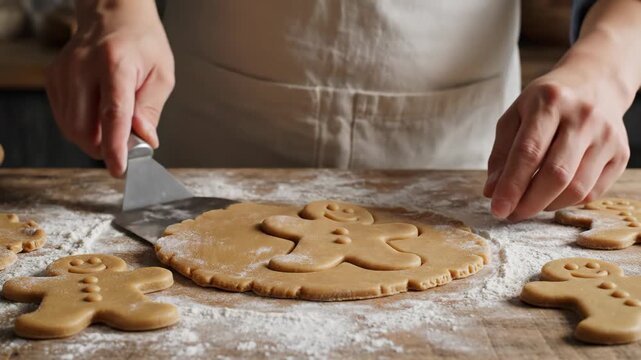 Hands are preparing gingerbread cookie dough, rolling and cutting shapes for baking in a warm kitchen space during a festive time