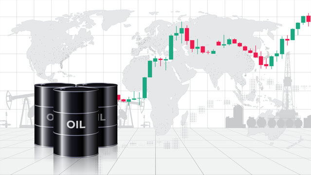 Chart of growth oil prices per barrel. Crude oil barrels on map background. Analysis rising of global energy markets. Influence economic insiders. World market review. Investment strategies. Vector