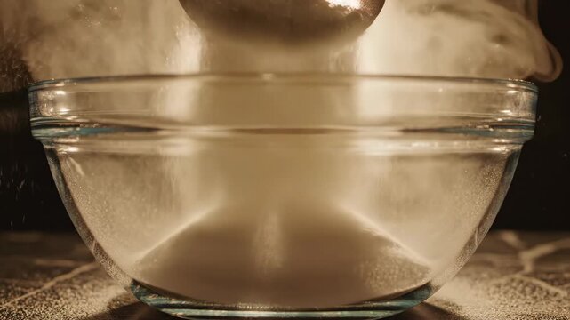 White powder is poured through a sieve into a bowl. Fine particles rise and settle in layers