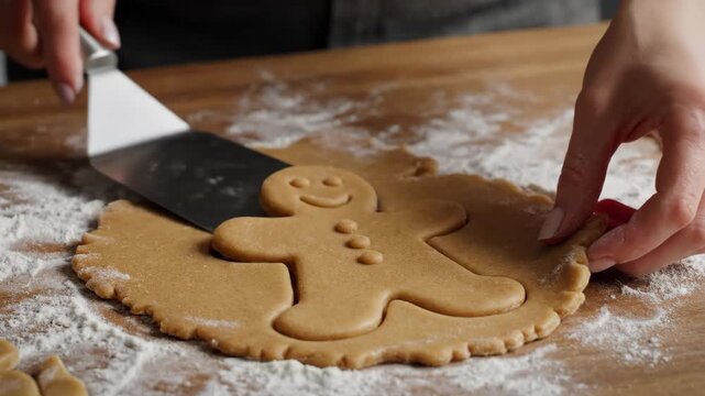 Hands prepare and cut gingerbread cookies in a clean kitchen. Recipes make baking easy and enjoyable for all