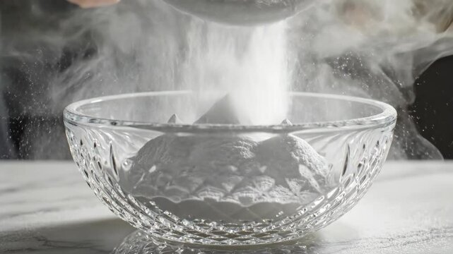 Hands sift flour into a clear bowl, creating a cloud of fine powder as it falls into the center, preparing for baking in a kitchen