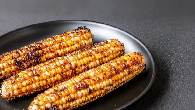 Corn on the cob is grilled until golden brown and placed on a plate. The focus is on the tasty, hot dish in a kitchen setting