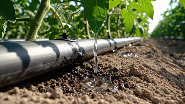 Water is flowing through a drip irrigation line in a garden, supplying moisture to plants with green leaves on a sunny day