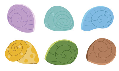Cute snail shell collection with colorful spiral designs – flat vector clipart set. Assorted vibrant mollusk shells in cartoon style. Isolated elements. © Nataliia