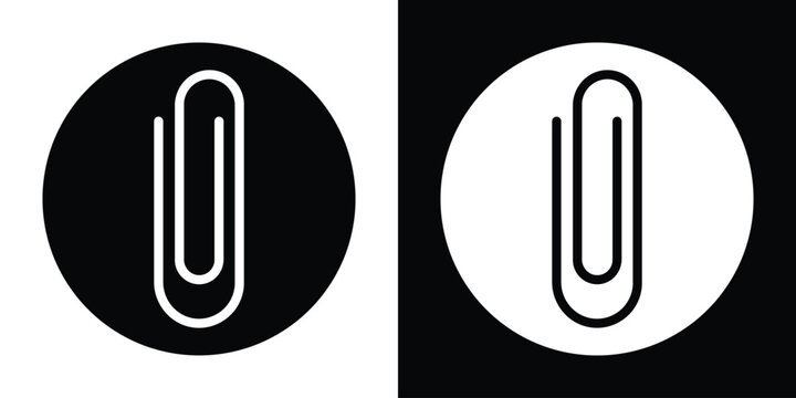 Vertical paperclip icon inside a solid circle. Modern button design for email attachments and file management. High-contrast black and white vector symbol for web and mobile application UI.