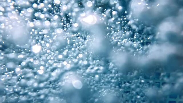 Abstract underwater view of turbulent air oxygen bubbles in a blue swimming pool. Concept of a spa, wellness, sport, pool care, summer, refreshment, recreation, and background design.