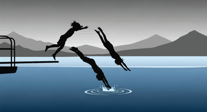Summer fun, swimming, diving, lake recreation, silhouette illustration, EPS vector graphics