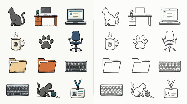A collection of office-related icons, including a cat, desk, computer, laptop, mug, paw print, chair, folders, keyboard, and ID badge, presented in both color and outline versions.