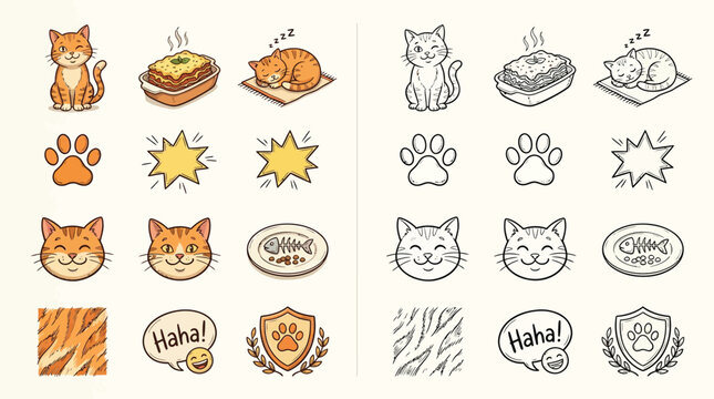 A collection of cute cartoon cat-themed icons and illustrations, including cats, paw prints, food, and decorative elements, presented in both color and outline versions.