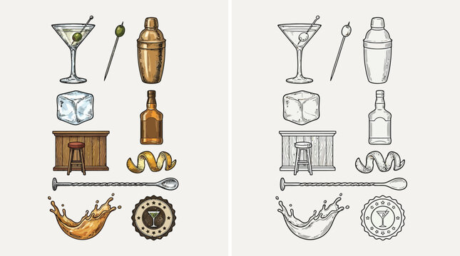A collection of colorful and monochrome illustrations of bar tools and ingredients for making cocktails, presented in a grid layout.