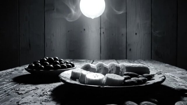 Black and white still life with a light bulb above fruit on a wooden table, artistic moody atmosphere