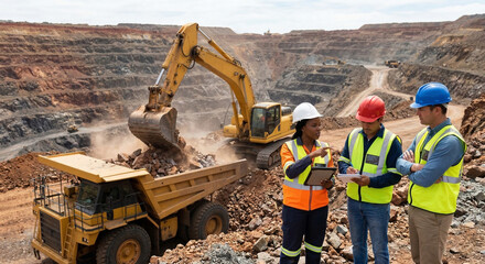 Fototapeta premium Engineers discussing project near an excavator at an open pit mine.