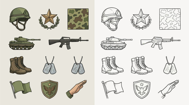 Collection of military icons and symbols, featuring helmets, weapons, vehicles, and insignia in both color and outline styles.