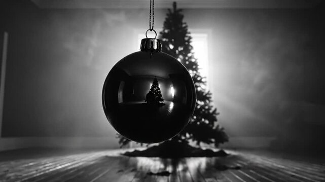 Black and white still life Christmas bauble reflects decorated tree in room with smoky atmosphere