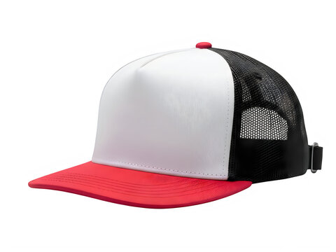 A red white and black baseball cap with a mesh back