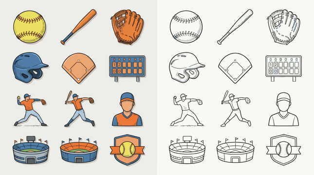 Collection of baseball icons and illustrations, including equipment, players, and stadiums, presented in both color and outline styles.