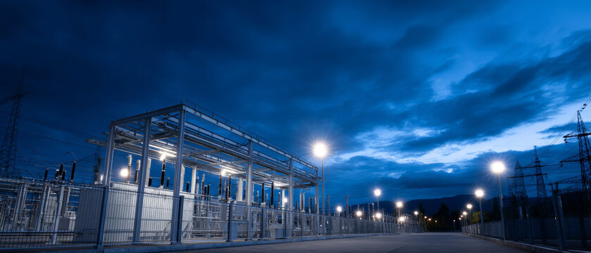 Electric power substation at dusk