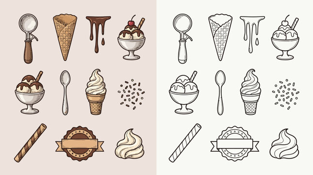 Collection of ice cream and dessert elements in two styles: color and outline.