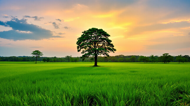 Background of a single tree in a wide expanse of grass with a beautiful sunset behind it.