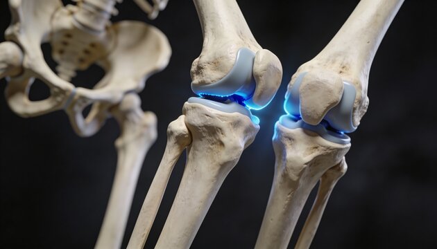 Displaying skeletal knee joints showing distal femur and proximal tibia with blue overlays in lab