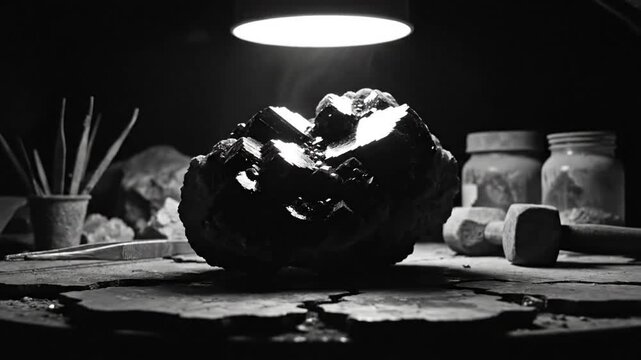 Black and white still life of a rough mineral specimen under a focused overhead light with atmospheric fog and tools in the background