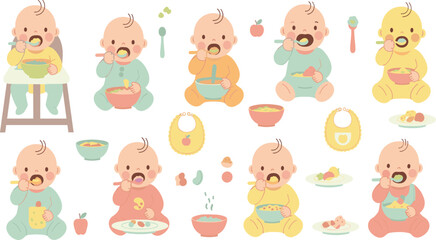 Fototapeta premium Baby Eating and Self Feeding Vector Set with Infants Using Spoon Bowl Bib and Healthy Food for Child Nutrition and Mealtime Illustration.