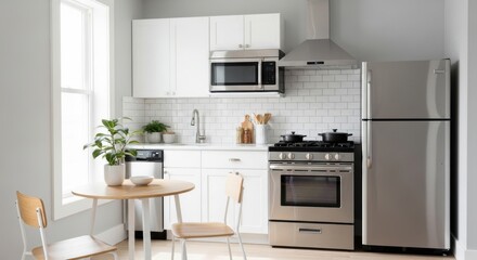 Fototapeta premium Compact White Subway Tile Kitchen with Stainless Steel Appliances and Modern Furniture