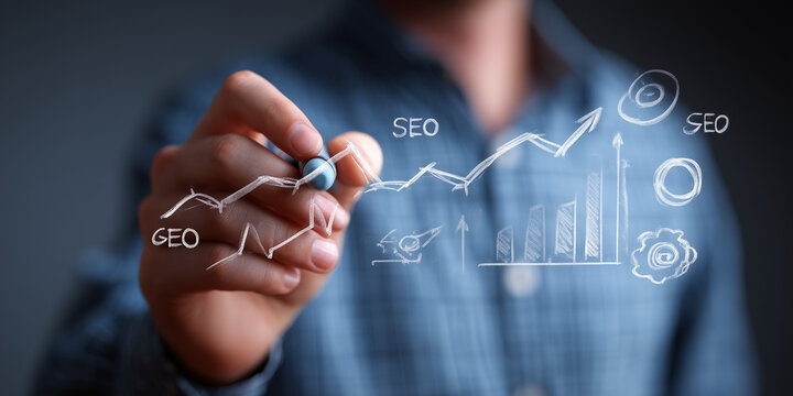 Using this photo creat an image for social media that Shows a graph for SEO, AEO, GEO
