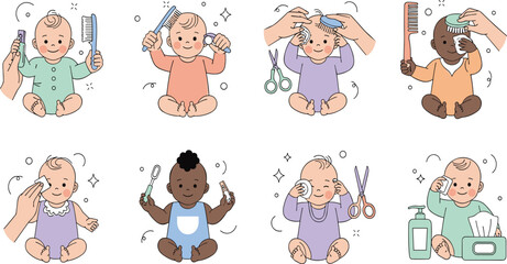 Fototapeta premium Cute Fairy Characters Vector Set with Magical Girls Flying with Wings Wand Stars Moon and Fantasy Elements for Kids Illustration.