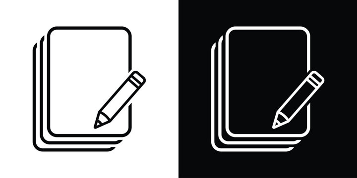 Minimalist vector icon of stacked paper sheets and a pencil. Symbol for multi-page documents, file editing, and content creation. Perfect for office administration and publishing UI design.