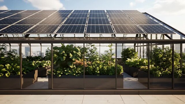 Rooftop greenhouse with solar panels providing sustainable urban agriculture.