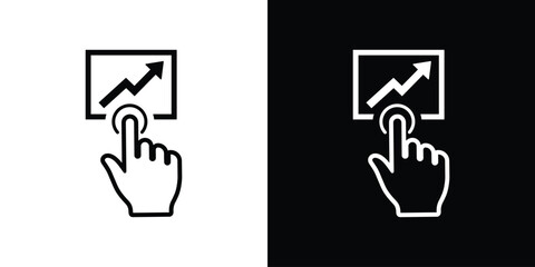 Fototapeta premium Icon showing a hand touching an upward-pointing arrow on a screen. Symbol for business growth, analytics tracking, and financial success. Modern interface graphic for profit and progress.