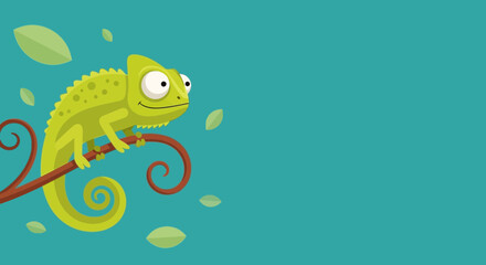 Cute cartoon chameleon on a branch with leaves, vector illustration © Anisah
