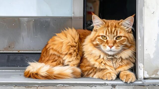 Majestic orange tabby cat with long fur and ear tufts resting calmly