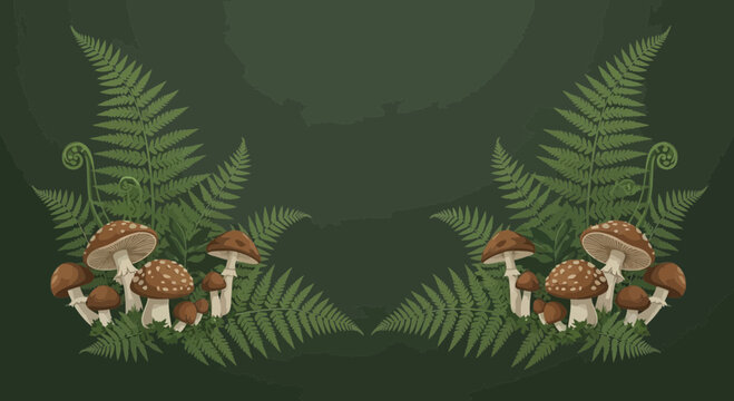Enchanted Forest Border: Ferns and Amanita Mushrooms, Dark Green Background