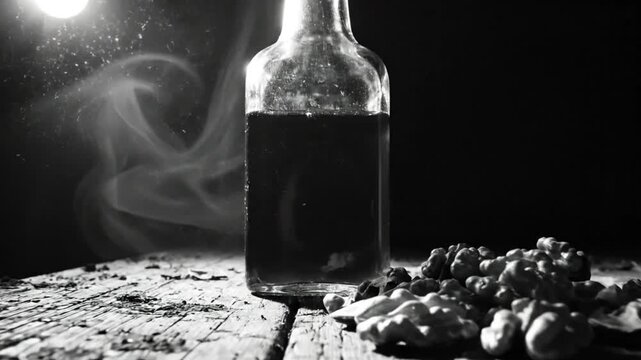 Mysterious potion bottle and walnuts on a rough wooden surface with atmospheric fog effect in dramatic black and white