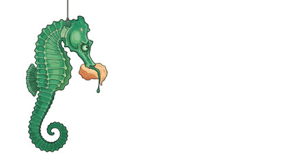 Funny green seahorse hanging and eating a peach isolated on white background © Anisah