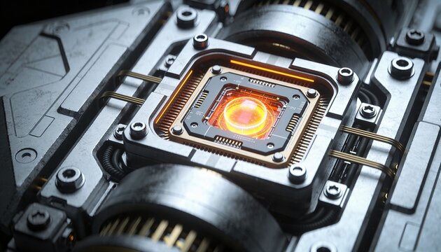 Emitting central core module glowing inside machinery bay, with mounting frame and circuit traces