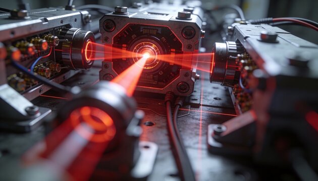 Projecting compact cube optical module emitting focused red laser beam on lab bench, with cables